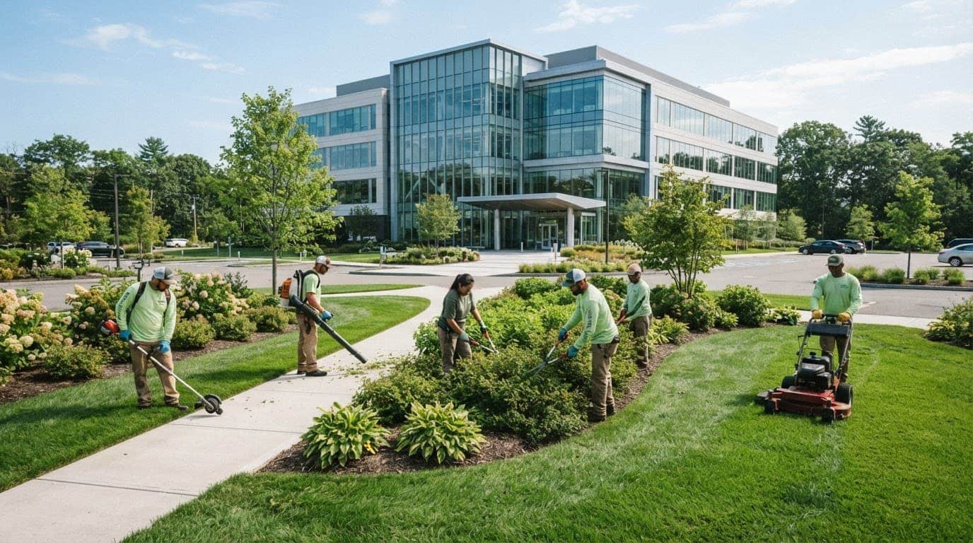 Landscaping workers maintaining the green lawn and shrubs outside a modern Boston office building.