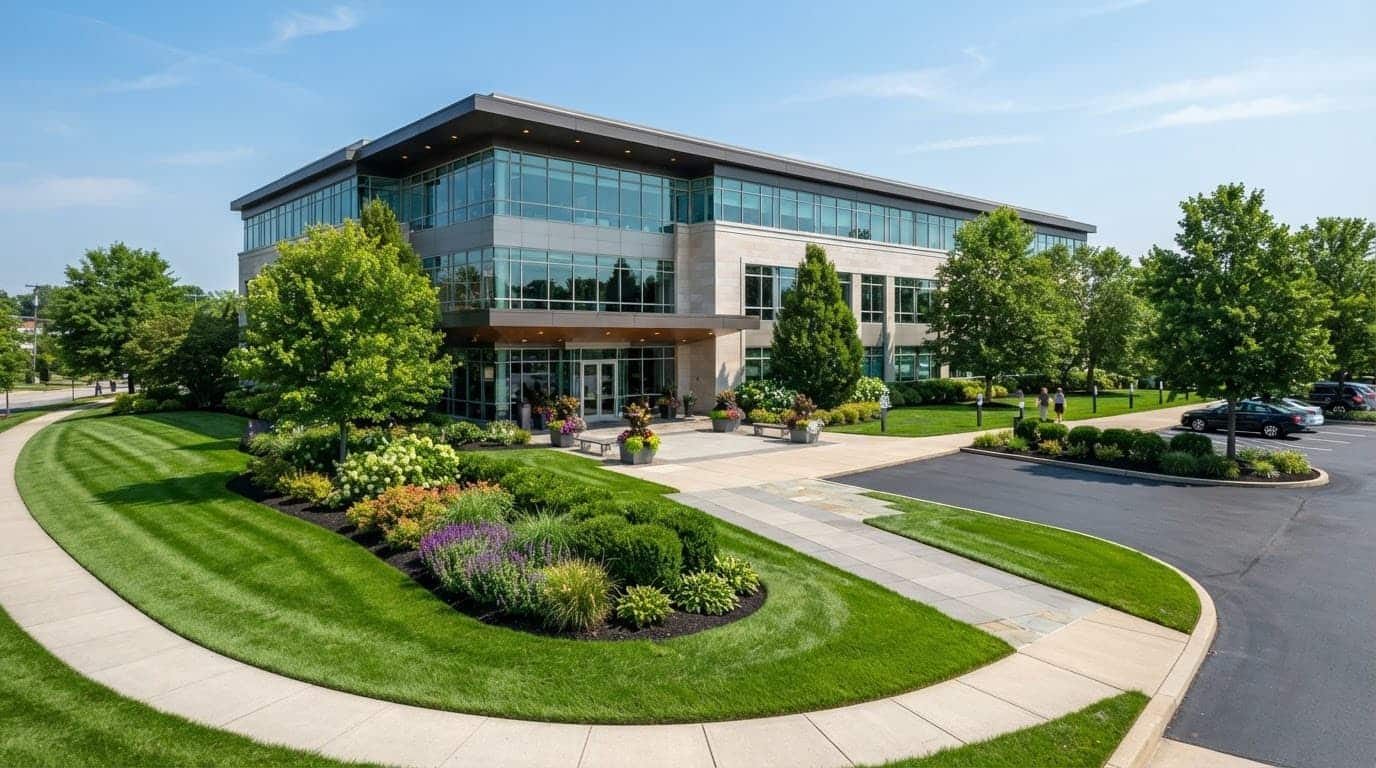 A clean commercial property with healthy green turf and structured shrubs.